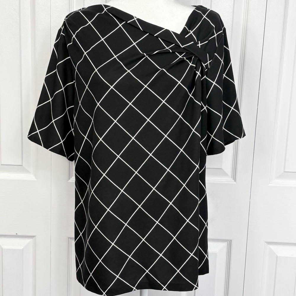 NWT Liz Claiborne Black & White Windowpane Ponte Knit Asymmetric Top XL